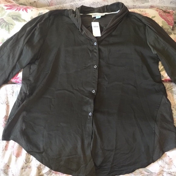ANTHROPOLOGIE Size LARGE Army Green Buttonfront Blouse Stretch Cozy $68 NEW - Picture 5 of 8
